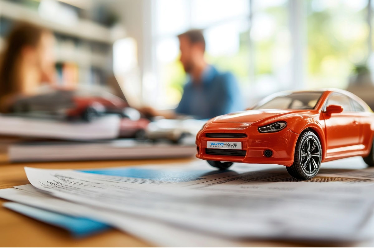 zu sehen ist ein rotes Spielzeugauto auf einem Kaufvertrag. Im Hintergrund sind zwei Personen zu sehen.